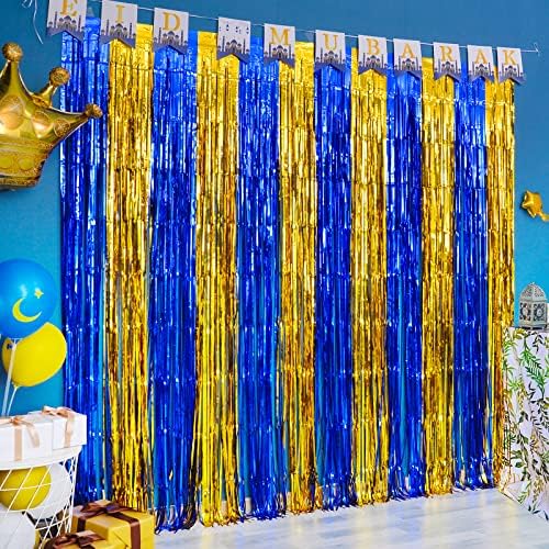 Пердета с ресни от фолио LOLStar Рамадан Карим, Мюсюлмански украса за дома на Рамадан, 2 Подпори за фотобудки от синя и златна мишуры размер на 3,3 х 6,6 фута, Декоративен ф?