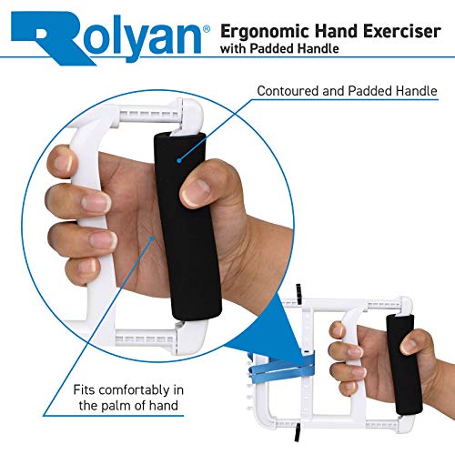 Ергономичен тренажор за ръце Rolyan Basic, тонизиращо устройство за пръстите, дланите и палците, идва с 4 Двойки Стъпални гумени ленти с прогресивно сложност, бял цвят.