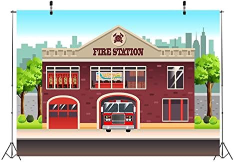 BELECO 10x8ft Плат Карикатура Градска Пожарна Станция Фон Пожарникар Тема Пожарна Машина, Детски Фон за рождения