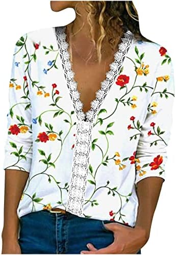 Дамска Блуза С Флорални Принтом, Завързана V-Образно деколте, Вязаная на една Кука Лейси Покритие, Дълги Ръкави,