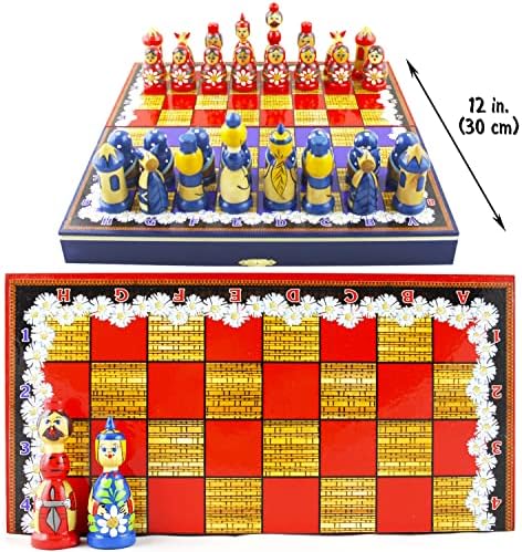 Шахматен комплект с ромашковой тема - Дървени фигури във формата на матрешек - игри за възрастни - Дървен шах комплект - Шах