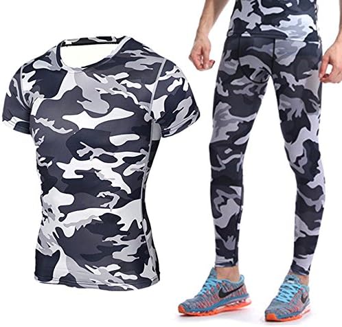 1 от най-добрите Мъжки Охлаждаща спортни Облекла за бягане и Фитнес, Камуфляжная Компресиране Риза с къси ръкави + Панталони,