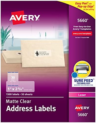 Адресни етикети Avery Clear Easy Peel за лазерни принтери, 1 x 2-5 / 8, в кутия 1500 броя в опаковка 5 броя (5660)
