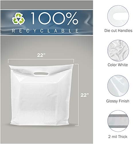 Много големи бели пакети за стоки - Гланцирана пластмаса, идеален за търговците на дребно - 100 опаковки с дебелина 22 х 22