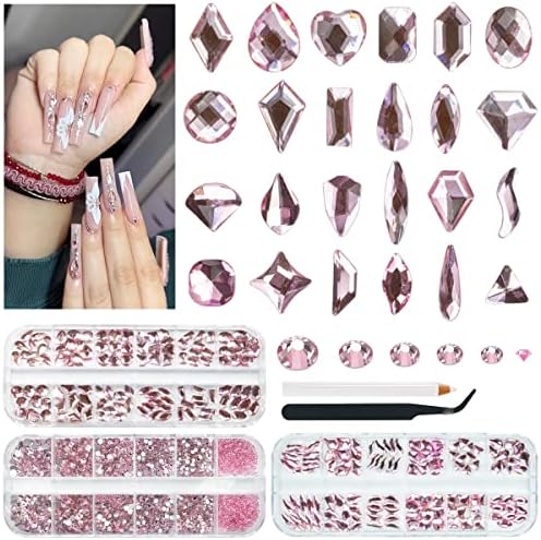 2370 бр. Розови Кристали за нокти 240 Различни форми, светло Розови Кристали, Големи Скъпоценни Камъни, Висулки за Нокти +