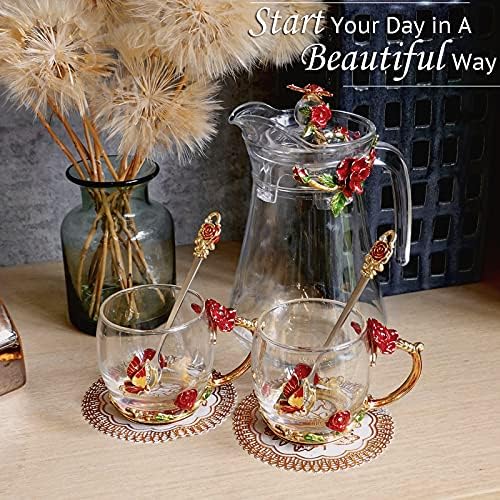 Модерни Стъклени Супени Комплекти с цветя за жени, 10 унции, Комплект от 2 Кафеени чаши с лъжичка, Прозрачна
