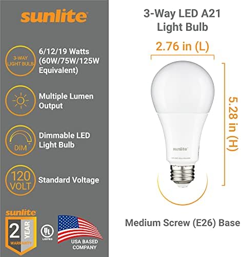 3-Лентови led лампа Sunlite 41680 A21, 6/12/19 W (еквивалент на 60 W 75 W И 125 W), 800-1500-2100 Лумена,