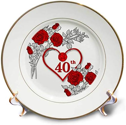 Порцеланова Чиния 3dRose с Червено Сърце и Рози 40Th Ruby Годишнина, за сватба или бизнес събитие, 8