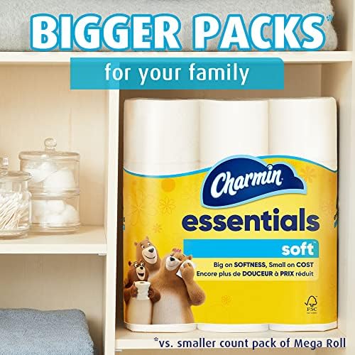 Мека тоалетна хартия Charmin Essentials, 30 мега-ролки = 120 обикновени роли