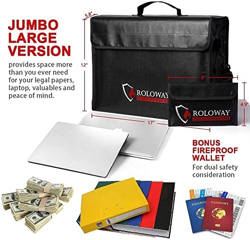 ROLOWAY Steel Small Money Safe Box black с огнеупорным чанта за пари и голям огнеупорным чанта за документи