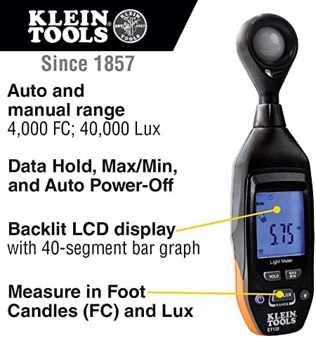 Klein Tools ET130 Цифров измерител на осветеност и инфрачервен термометър IR1, цифров лазерен пистолет - Безконтактен