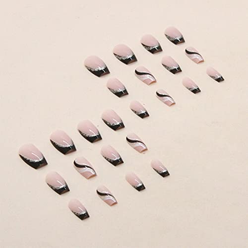 24 БР. Френските Въздушни ноктите със средна дължина, Розови с черни Външни ноктите, въздушната линия нокти Балерина и