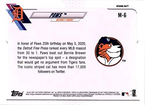 Талисмани в Деня на откриването на Topps 2021 M-6 Paws Бейзболна търговска картичка Детройт Тайгърс MLB