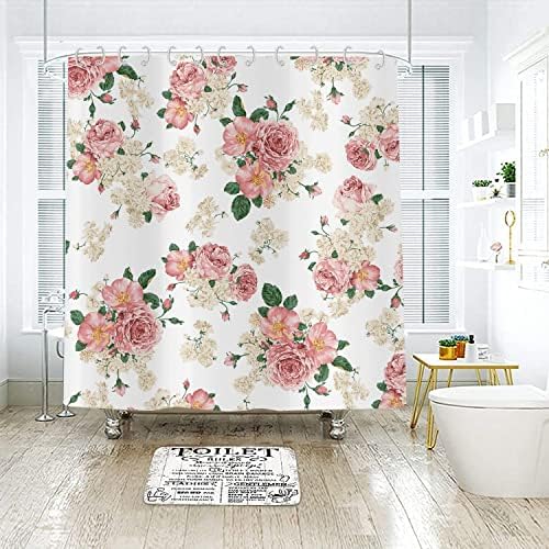 Завеси за душ GKLEASG Цвят за Баня на Цветя Завеса за Душ с куки от Водоустойчив Полиестер (Розови цветя, 72 L x 72W)