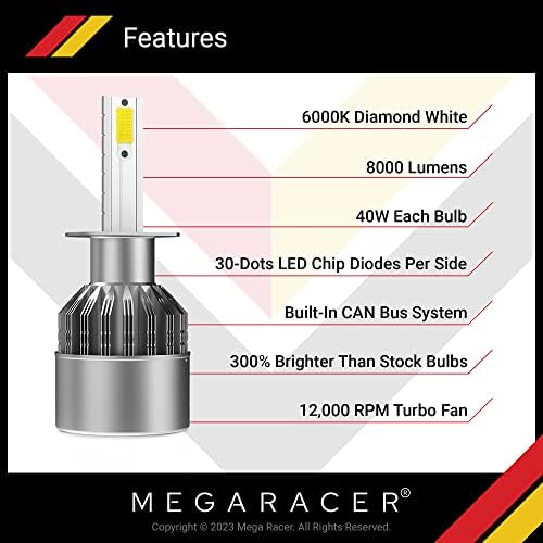 Mega Racer H1 Led Лампа за предните Фарове 8000 6000 Лумена До Ултра Ярък Бял 40 Вата, подмяна на Светлина, комплект