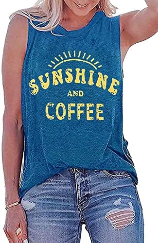 Umsuhu Sunshine and Coffee Tank Ежедневни Летни Графични Върховете на Бретелях за Жени Без Ръкави, Графични Върховете на Бретелях, Тениски
