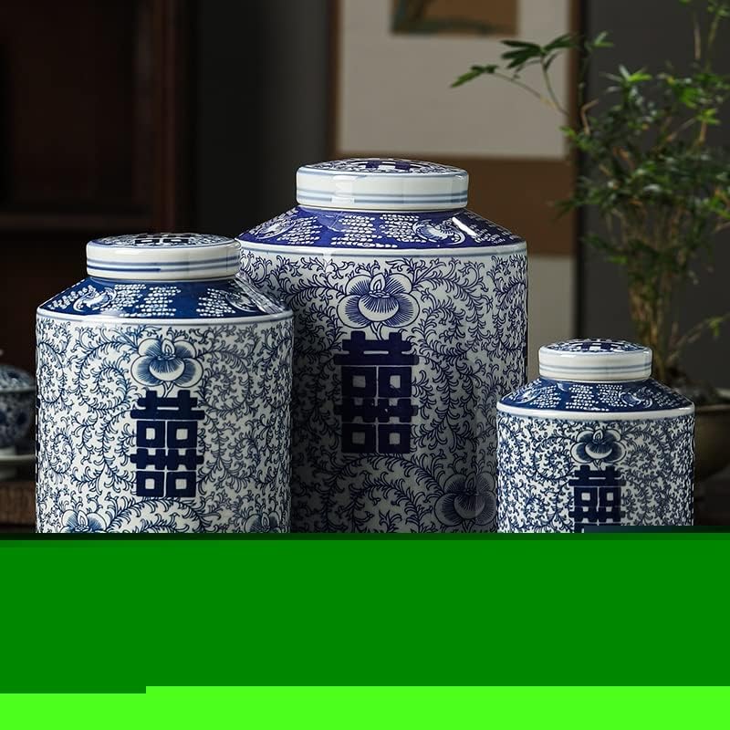 YXBDN Цзиндэчжэнь на Синьо-бялата Порцеланова Сватба ваза-кана Happy Word Jar Керамична ваза-кана за Сватба ваза Керамична банка (Цвят: D, размер: L)