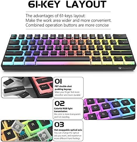 Клавиатура GK GAMAKAY MK61 RGB Пудинг, 61 Клавиша, оптичен превключвател, Gateron, капачки за комбинации PBT Пудинг,