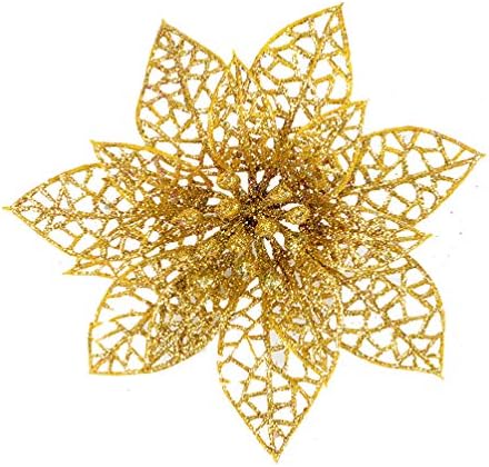 Wakauto Куха Имитация на Златни Коледни Цветя, Изкуствени Блестящи Цветя, Изискани Висулки във формата на Елхи, Подходящи