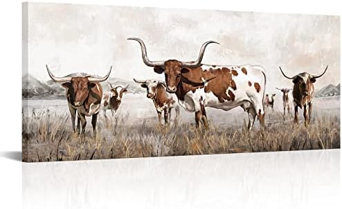 Визуален Художествен Декор Голям Texas Лонгхорн Платно Стенен Арт Декор Западен Селска Къща С Участието на Крави