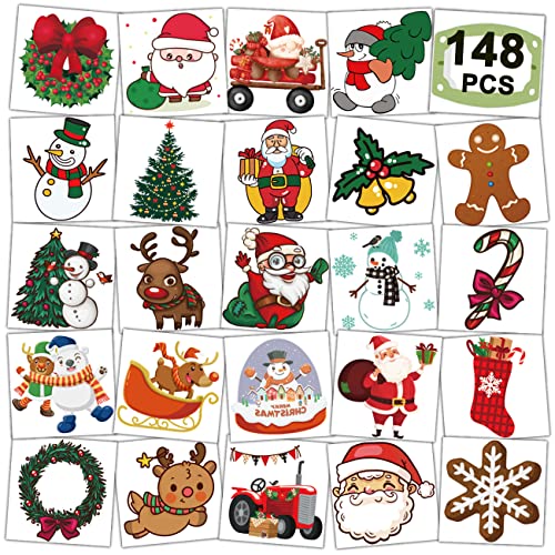 Коледни Временни татуировки CHARLENT за деца - 148 БР, Коледни Индивидуални Татуировки за деца, Спомени за Коледно парти, Пълнител