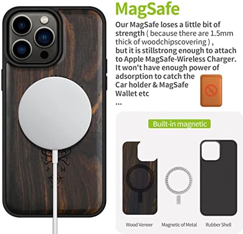 Дървен магнитен калъф Carveit за iPhone 14 Pro Max [Естествено дърво и черен мек TPU] устойчив на удари Защитен
