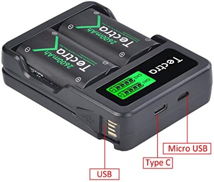 Акумулаторна батерия Tectra 2 в опаковка с капацитет 2600 mah и двойно зарядно устройство LCD USB, Съвместим с Xbox Series X|S/Xbox One/Xbox One S/Xbox One X/Xbox One Elite
