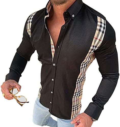 Maiyifu-GJ Мъжки Каре риза в стил мозайка с дълъг ръкав, Ежедневни Ризи с копчета с отложным яка, Бизнес риза, Топ (Бял, 3 размера)