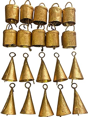 Опаковки от 6 (3 конусных + 3 кръг) Старинни индийски Оловни камбани под формата на селски Колокольчика с Метален Бойком,