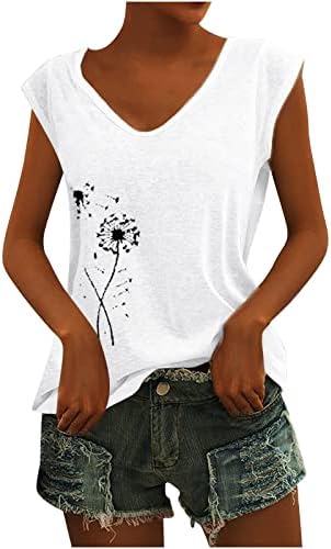 Есенно-Лятна Тениска Без Ръкави За Момичета, Vneck, Памучен Однотонная Блуза с Флорални Принтом под формата на Глухарче, Риза
