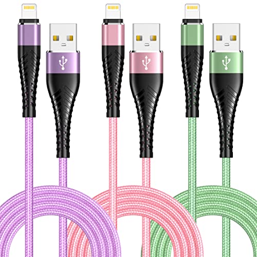6 ФУТА 3 опаковки USB кабела от ПРЕМИУМ-клас за зареждане, 3-цветен кабел за iPhone Светкавица, Сертифициран от Apple Пфи за