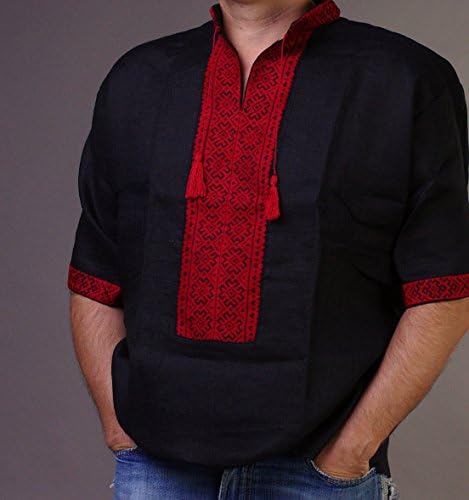 Вышиванка мъжки ръчно изработени, на бродирани черно-червено бельо риза украински произход с къс ръкав, размер 4XL
