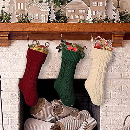 Коледни Чорапи Bellivera, 3 опаковки, Коледни Чорапи, Голям Размер, Възли Дантела, 18 инча, Персонални Червени, Бели и Зелени