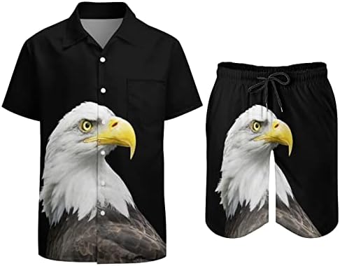 Плешив Орел-на трева в Черно Мъжки Плажен костюм, Хавайска Риза с копчета от 2 теми, Комплекти с Къс ръкав