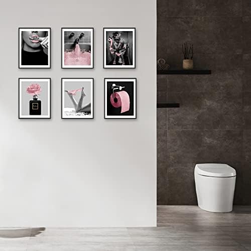 HoozGee Модерен Стенен щампи за баня, Декорация, Комплект от 6 бляскави розови блестящи Филтър плакати върху Платно, Снимки,