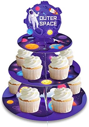 Космическа Поставка за Кифли, 3-Ярусная Космическа Чиния за Торта, Украса за Космически Рожден Ден, Кула за Торта Галактика Планета,