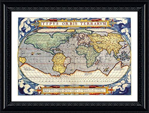 Alonline Art - Antique Old Vintage V3 на картата на света | Живопис в черна рамка, Напечатанная отпечатъци от памук,
