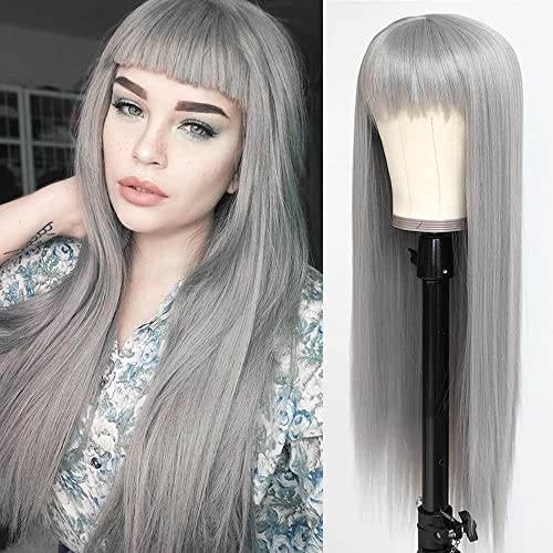 QD-Tizer Сив Цвят на Косата Дълги прави Перуки с Бретон От Естествени Сиви Синтетични Косми, Без Дантела Перуки за Жени