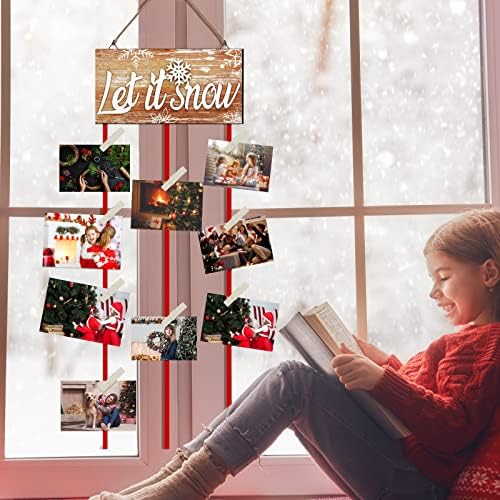 Коледен Държач за пощенски Картички, Коледни Дисплей за пощенски Картички Нека вали Сняг Снимка Дисплей Дървен Окачен Титуляр