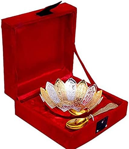 Позлатен и сребърно покритие Латунная Купа във формата на Цветето Лотос с Лъжица Диаметър 4 инча в Красива кутия,