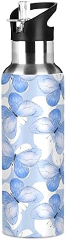 ALAZA Красиви Сини пеперуди (1) Бутилка за вода със Сламен Капак Термос от Неръждаема Стомана с Вакуумна Изолация,
