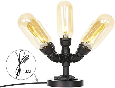 GUOCC Модерна Настолна лампа в стил Steampunk с желязна Водопроводна тръба, Дървена основа и стъклен Абажуром, 5 led лампи,
