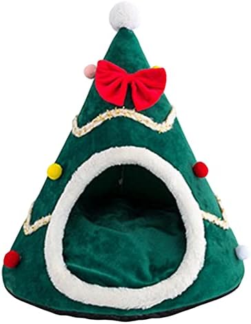 Коледен Котешки Къща-Легло, 38x45 см, Пещера Легло за домашни Любимци във формата На Дърво, Триъгълен Палатка-Котешки