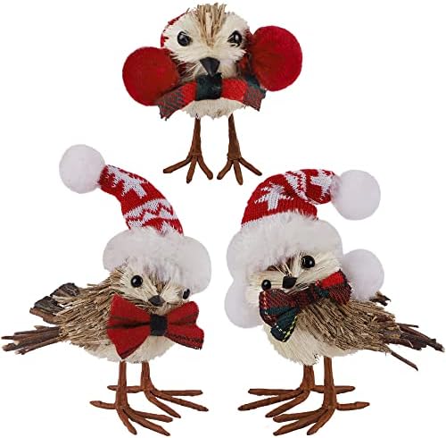 Набор от Sancodee от 3 Коледни Птици, Декорация за Плотове, Коледни Фигурки на Птици под формата на Клончета с Плюшени Шапки,