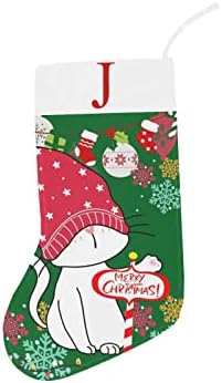 Коледни Чорапи с монограм Santa Котка с Буквата J и Сърце с Размер 18 инча Зелено-Бял цвят