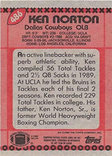1990 Отказ от отговорност Topps Back Football 486 Карта начинаещ Ken Norton RC Далас Каубойс Официалната търговска