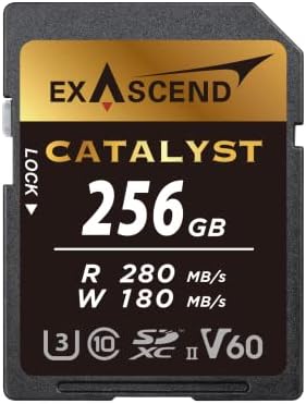 Подобрена SD-карта Catalyst капацитет 256 GB, C10, U3, V60, скорост до 280 Mbps, съвместим с камери Canon, Nikon, Panasonic и други.