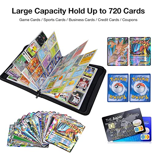 Папка за визитки LIUDU с 9 джобове, 720 Джобове слот за карти с 40 ръкави, Държач за карти с цип за детски подаръци (Черни 720