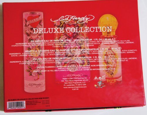 Подаръчен комплект парфюми Ед Харди Deluxe COLLECTION от 3 теми за жени (EDP спрей Ед Харди 1 ет. унция, EDP СПРЕЙ HEARTS & DAGGERS 1 ЕТ. УНЦИЯ и EDP СПРЕЙ VILLAIN 1 ЕТ. УНЦИЯ)