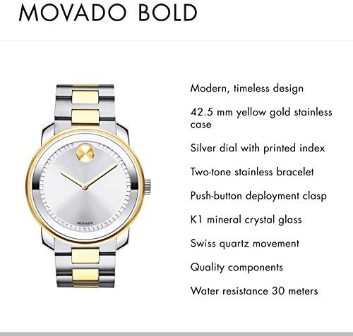 Мъжки двуцветен часовници Movado от най-ЯРКИТЕ метали с циферблат с напечатани индекс, Сребристо-Сив/Злато (3600431)